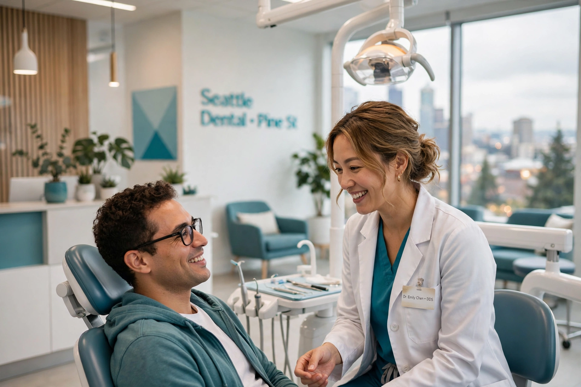 Modern dental office with friendly dentist and patient