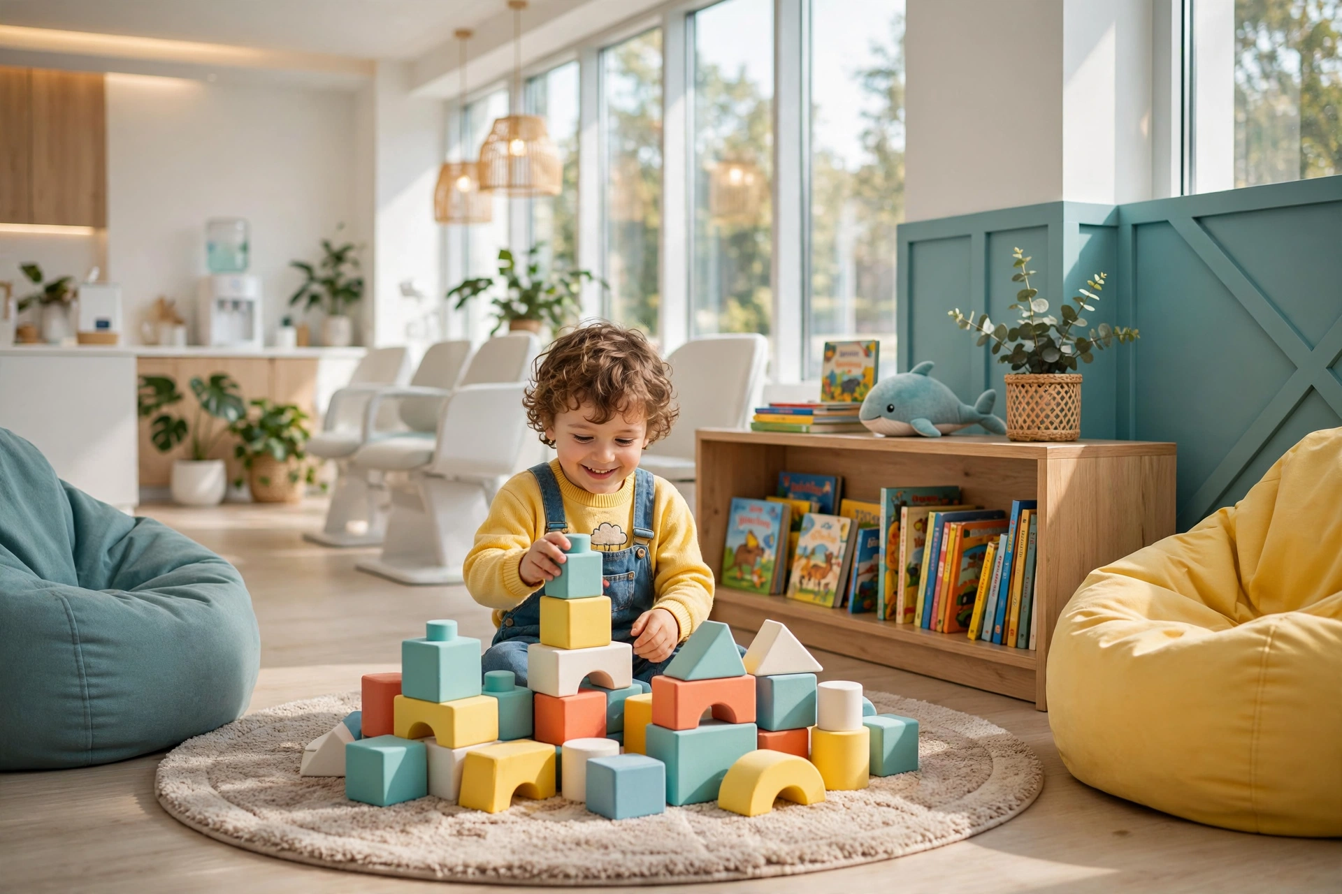 Kid-friendly waiting area with play corner