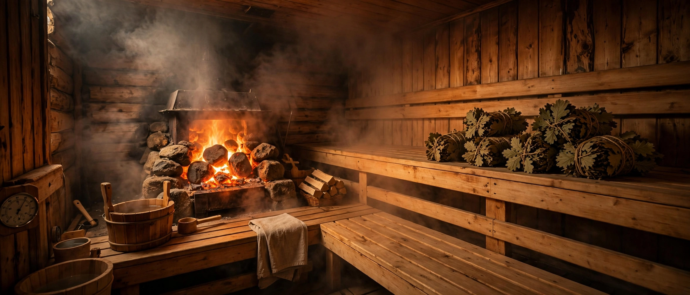Warm wooden banya sauna with glowing stove (concept imagery)