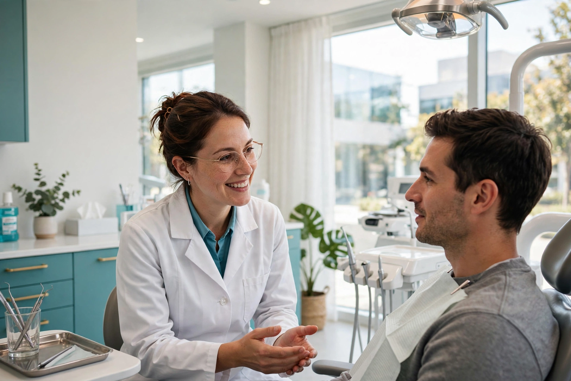 Dentist consulting with a patient in a bright modern dental office