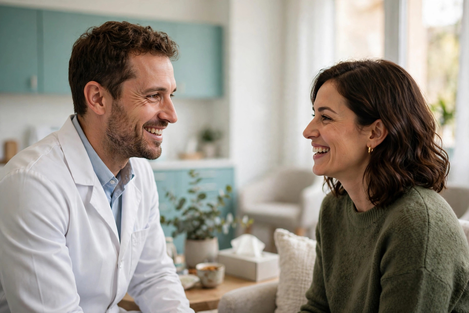 Dentist talking with a patient in a bright modern office