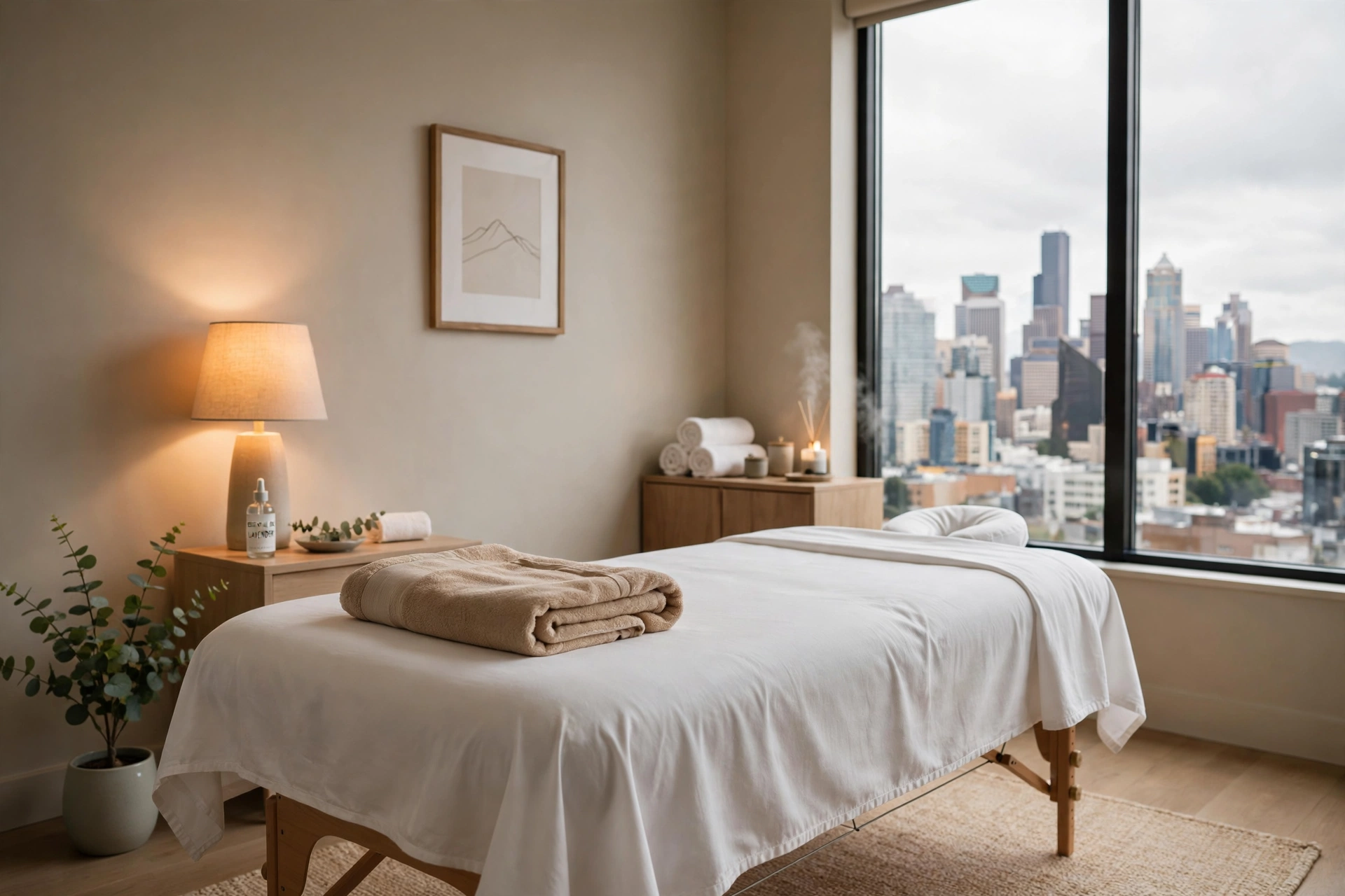 Massage treatment room with downtown Seattle view