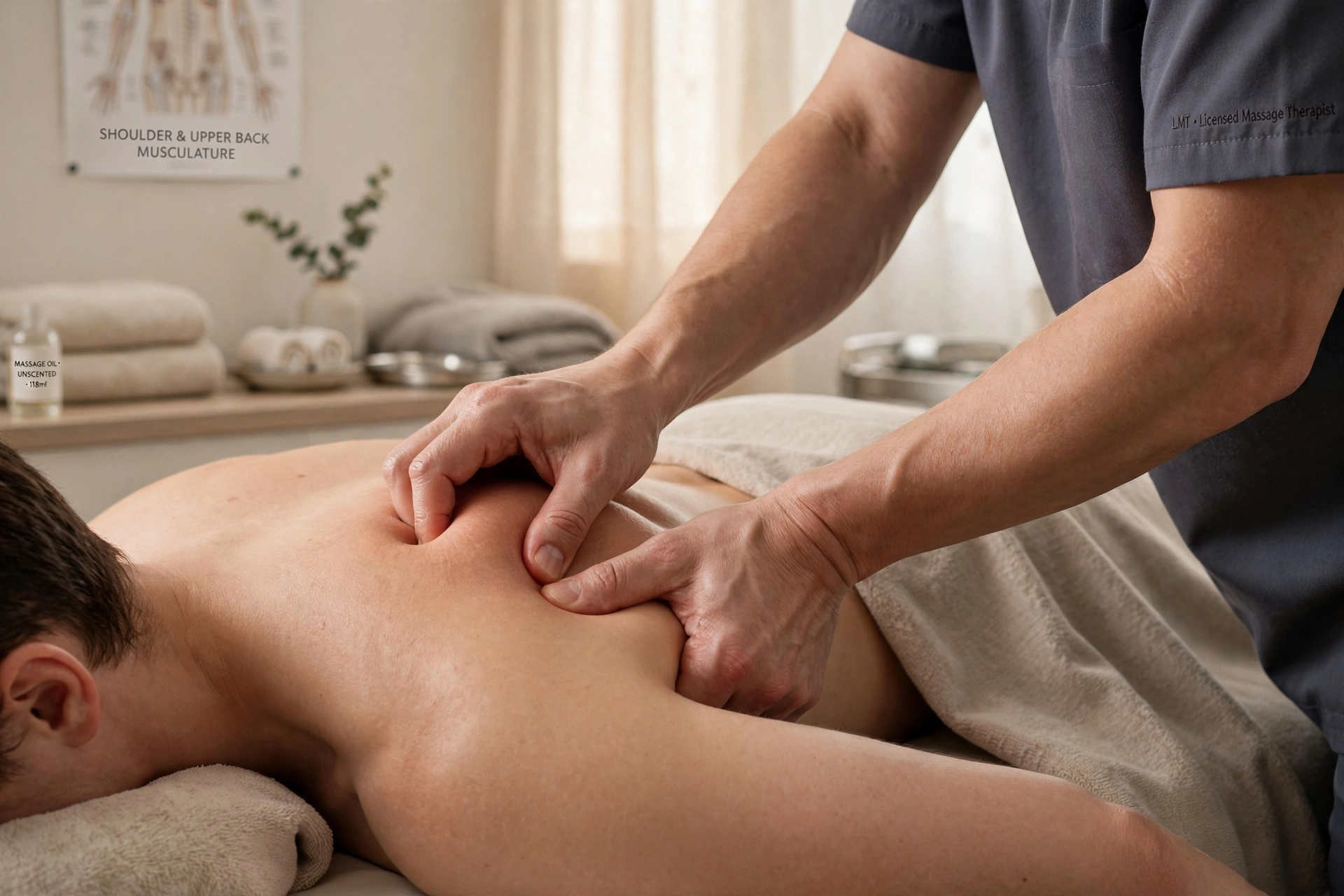 Therapeutic deep tissue massage on back and shoulders