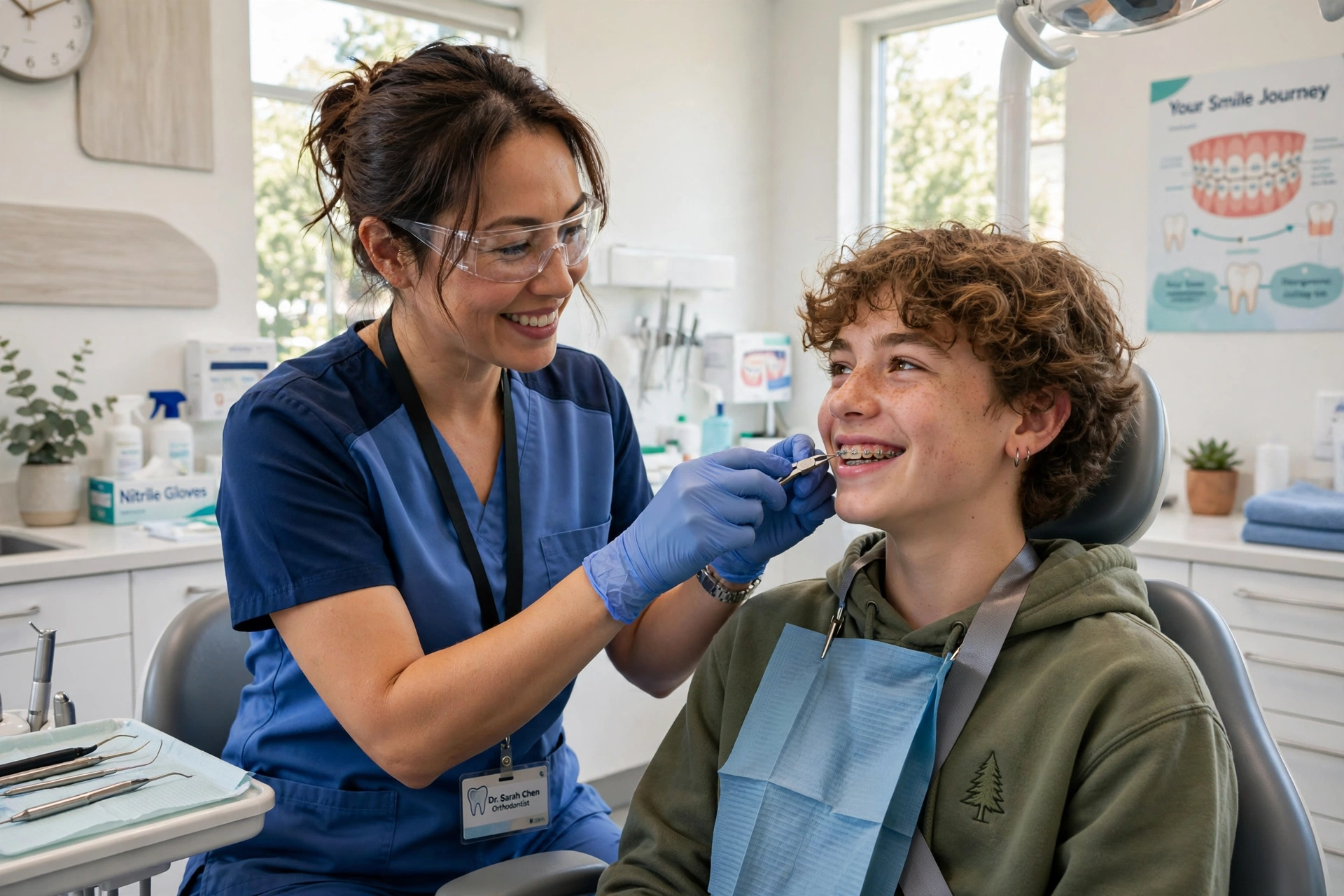 Orthodontist adjusting a teen patient's braces