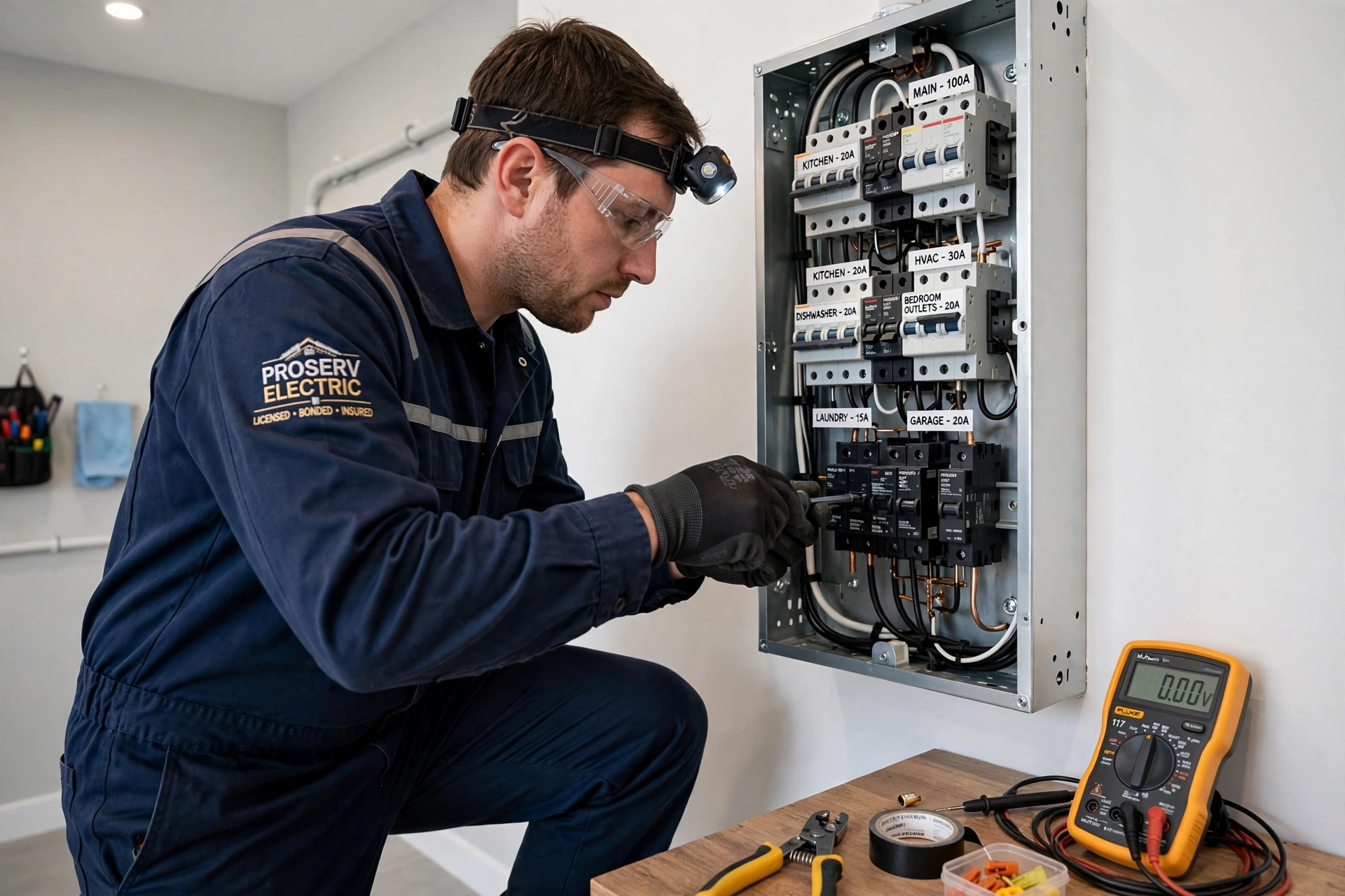 Harts technician at an electrical panel (concept imagery)