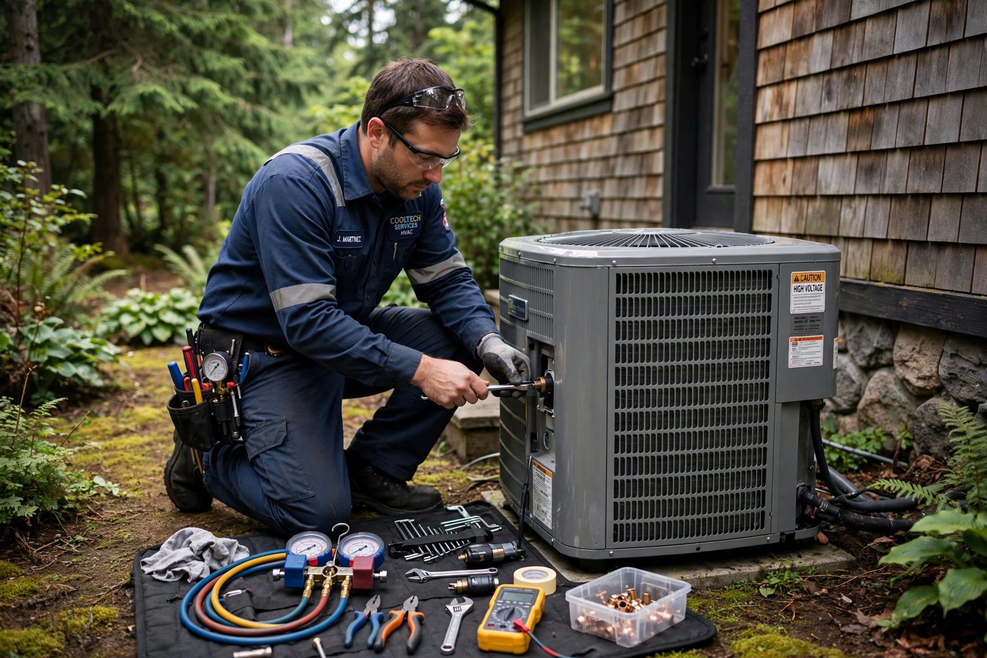 Harts technician servicing an AC unit (concept imagery)