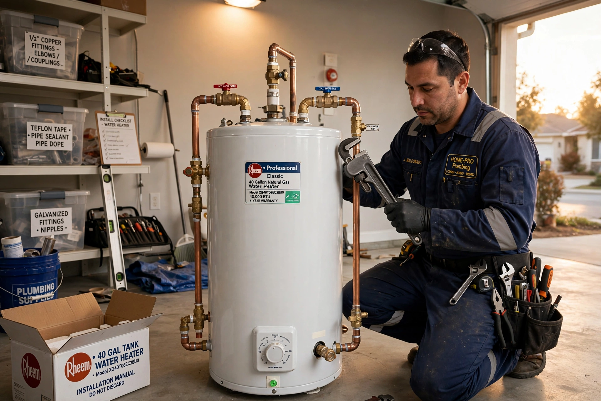 Harts technician installing a water heater (concept imagery)