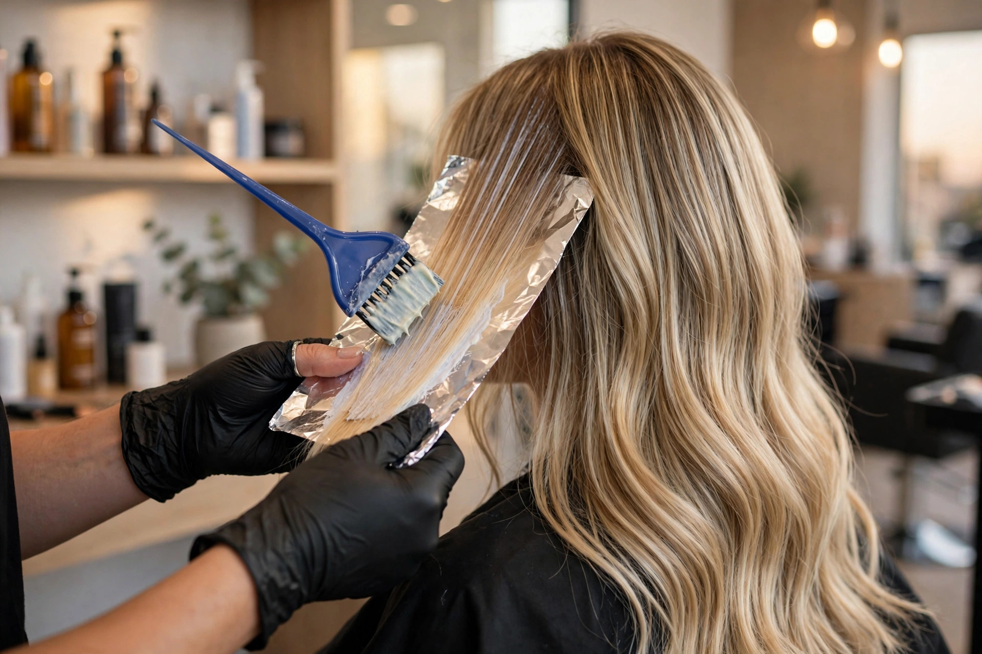 Foil highlights being applied during a color service