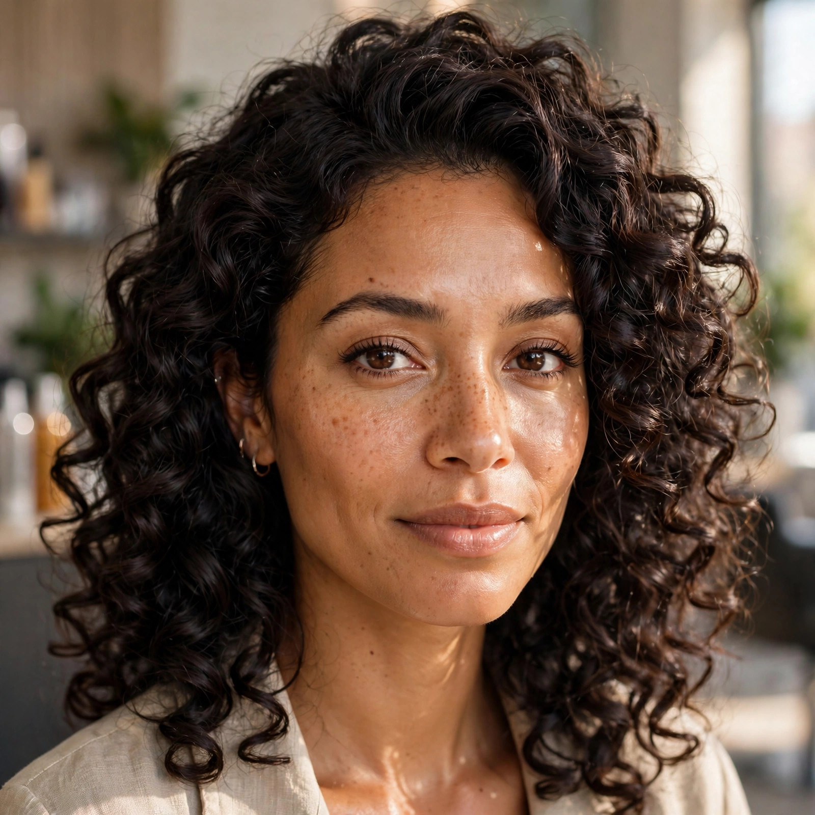 Defined curly hair after a salon cut and style