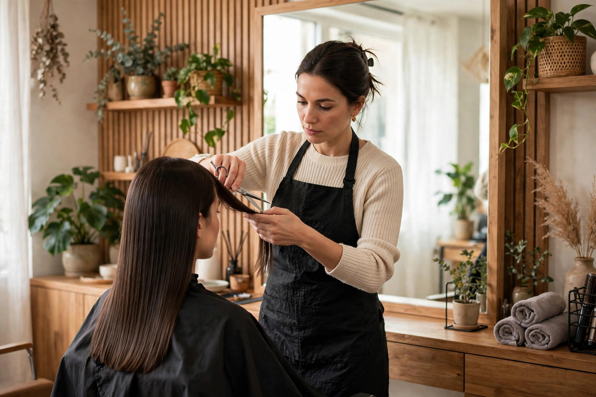 Stylist trimming a client hair in a bright salon
