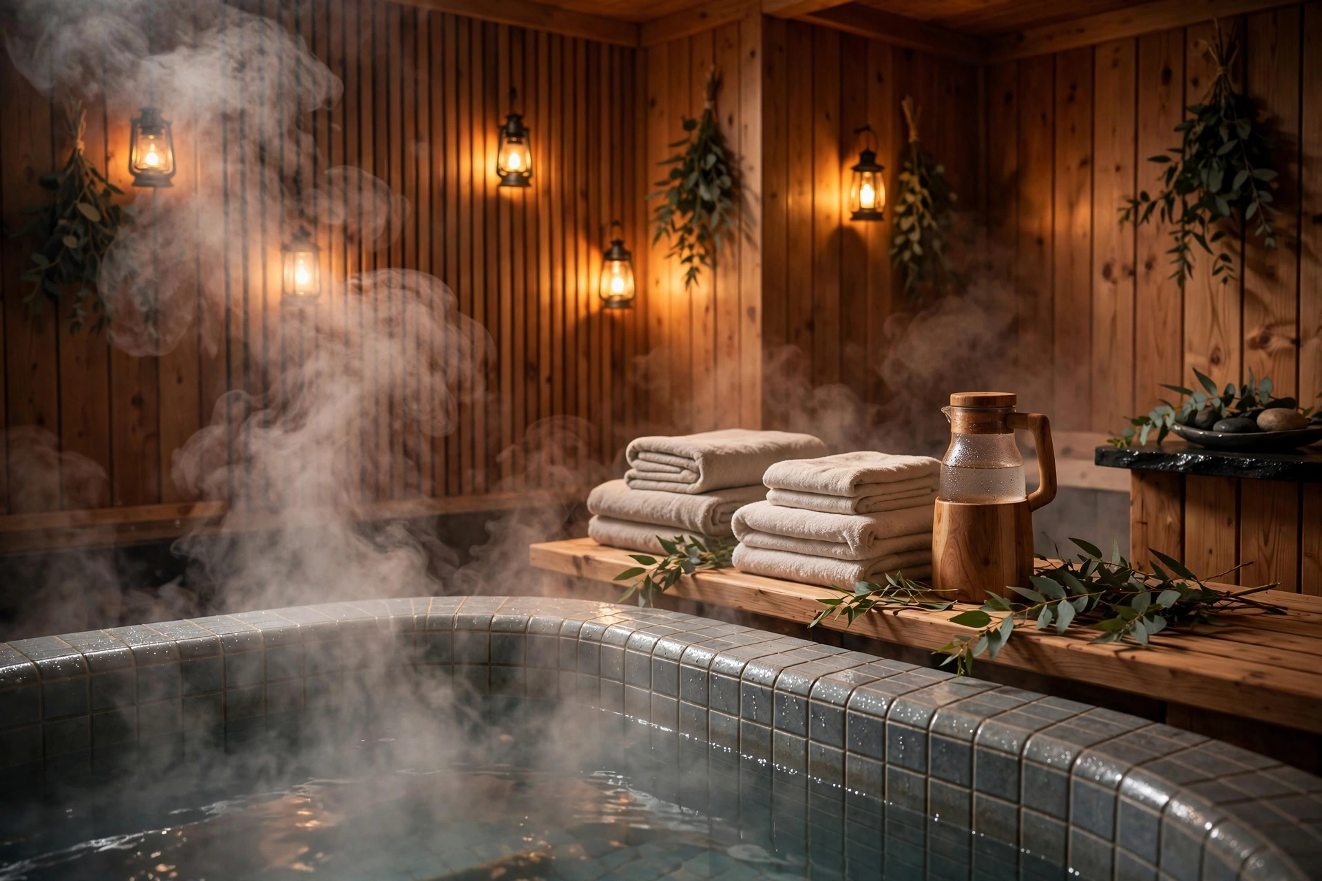 Concept rendering of the steamy private spa room with hot tub
