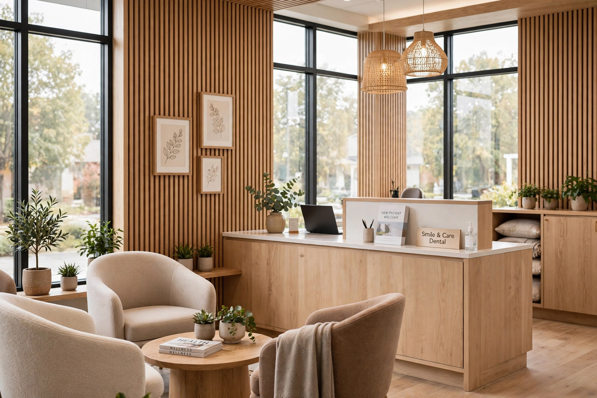 Concept rendering of a bright dental office reception