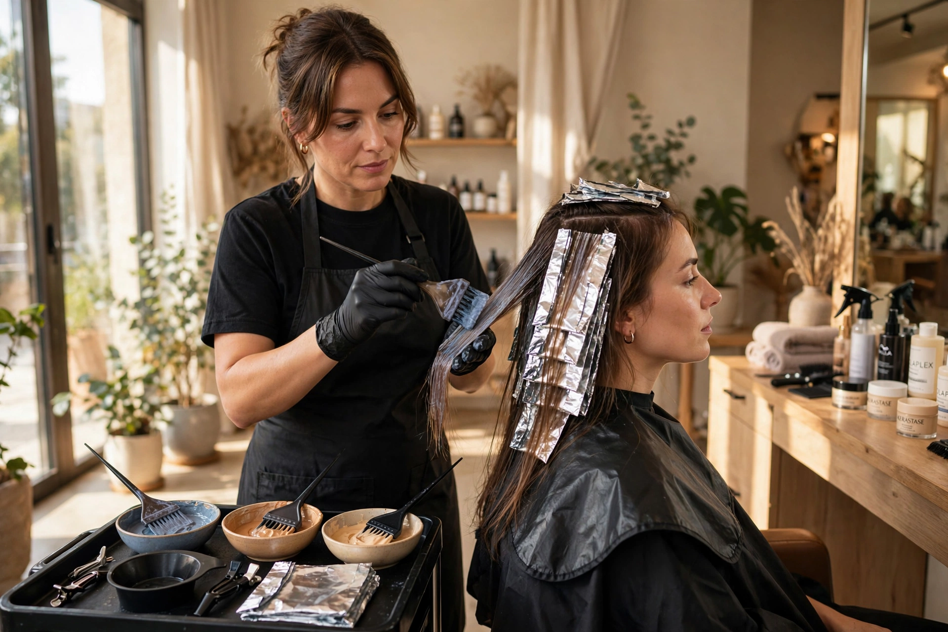 Stylist applying hair color with foils