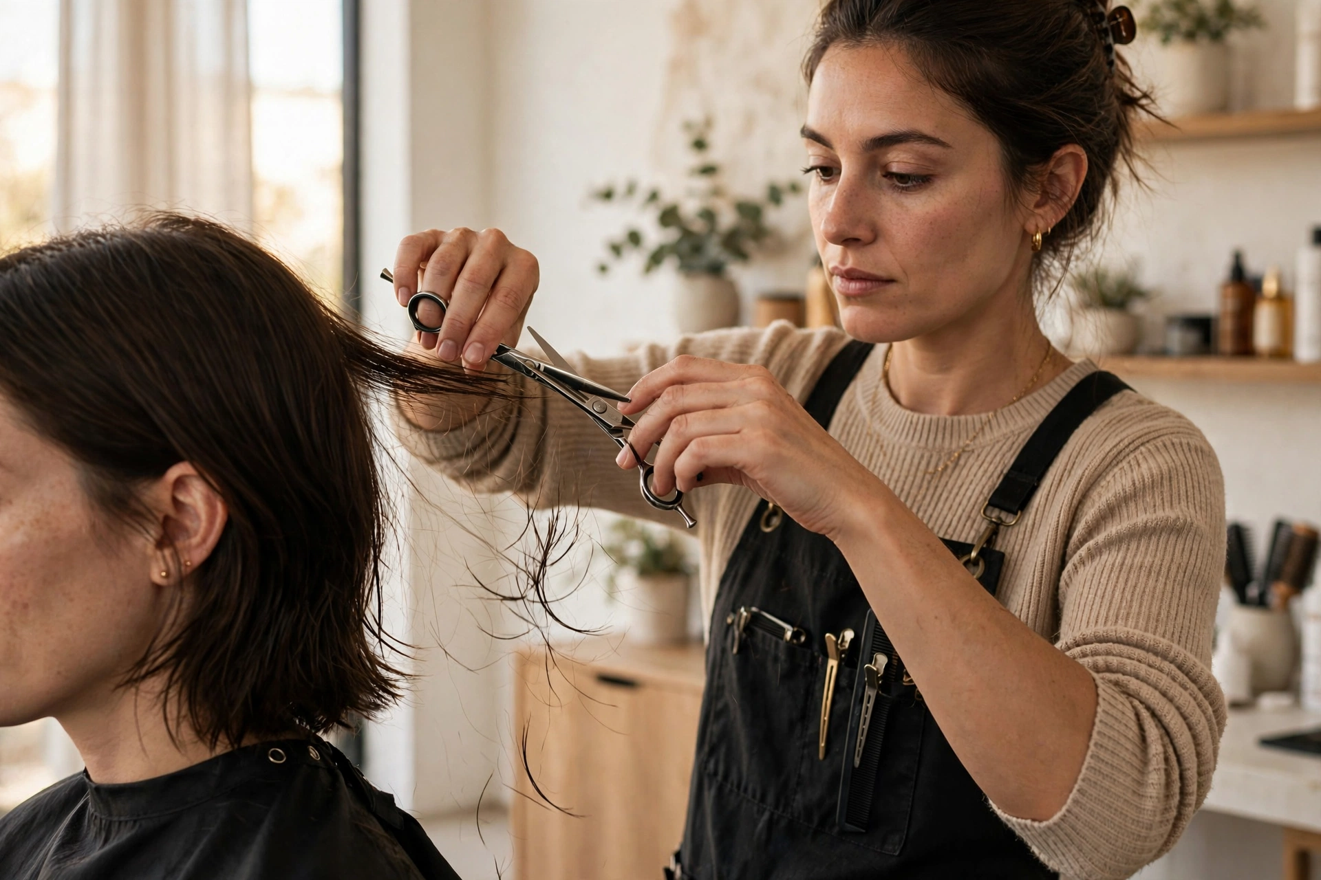 Stylist trimming a client's hair