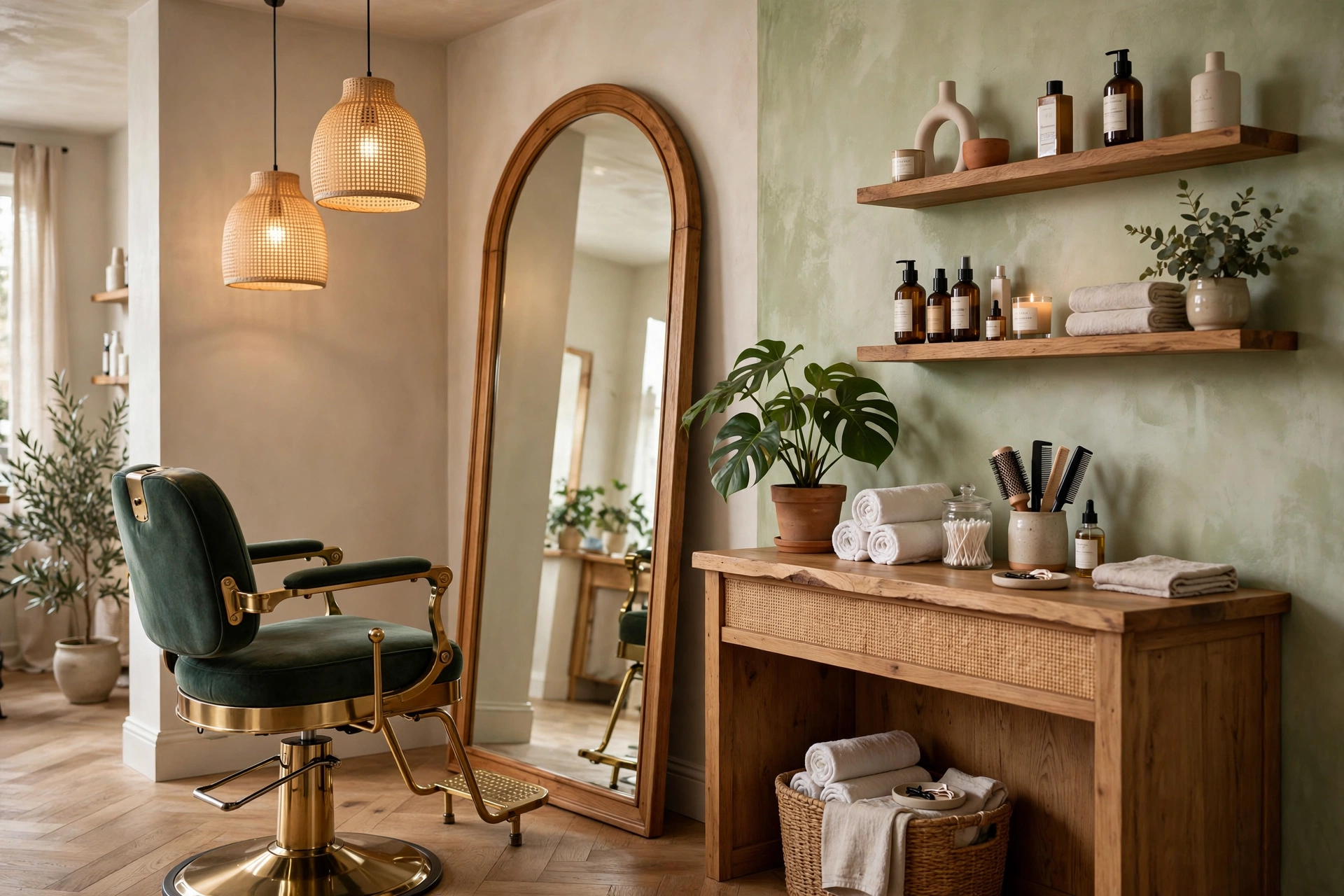 Salon styling chair by a mirror