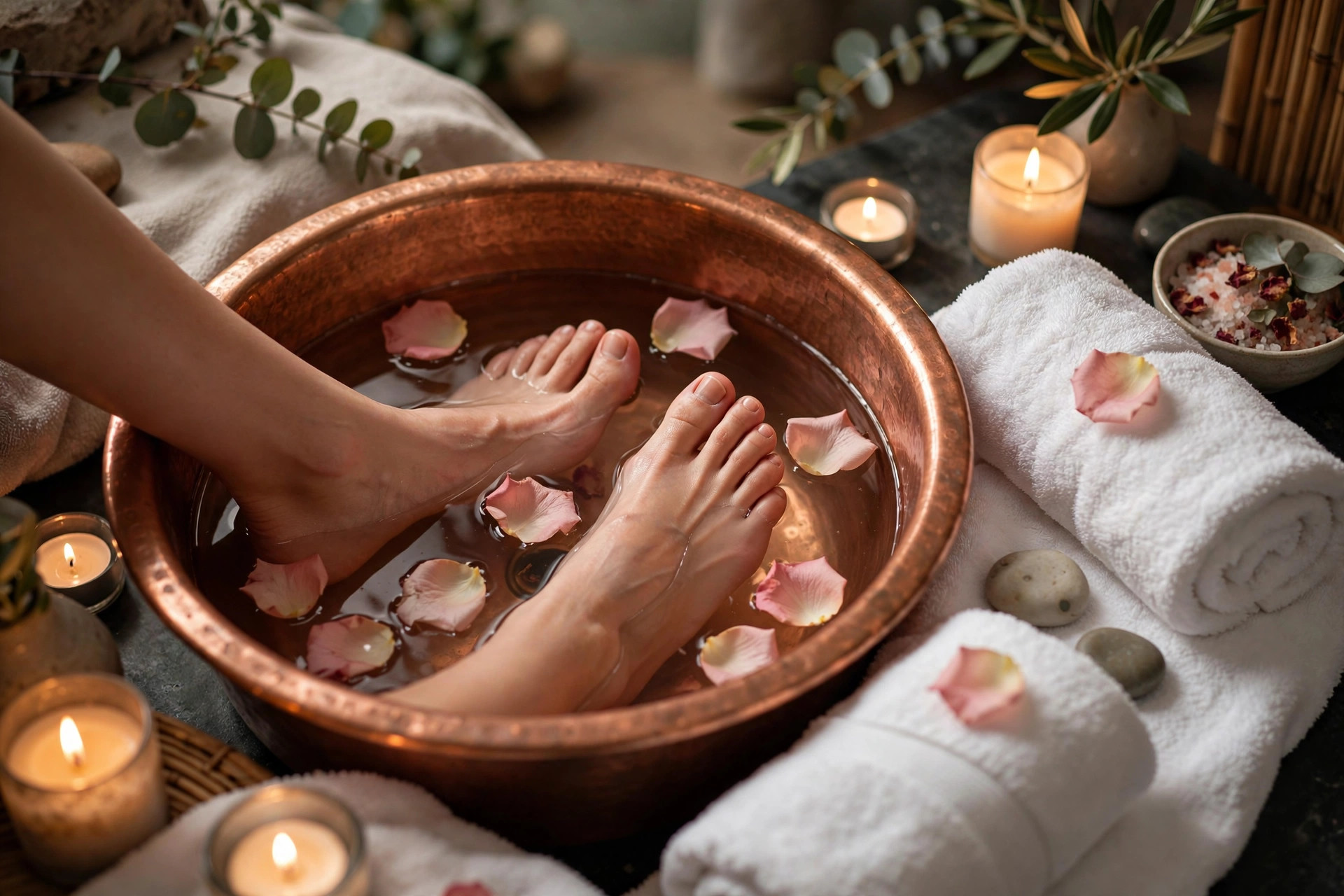 Spa pedicure with rose petals