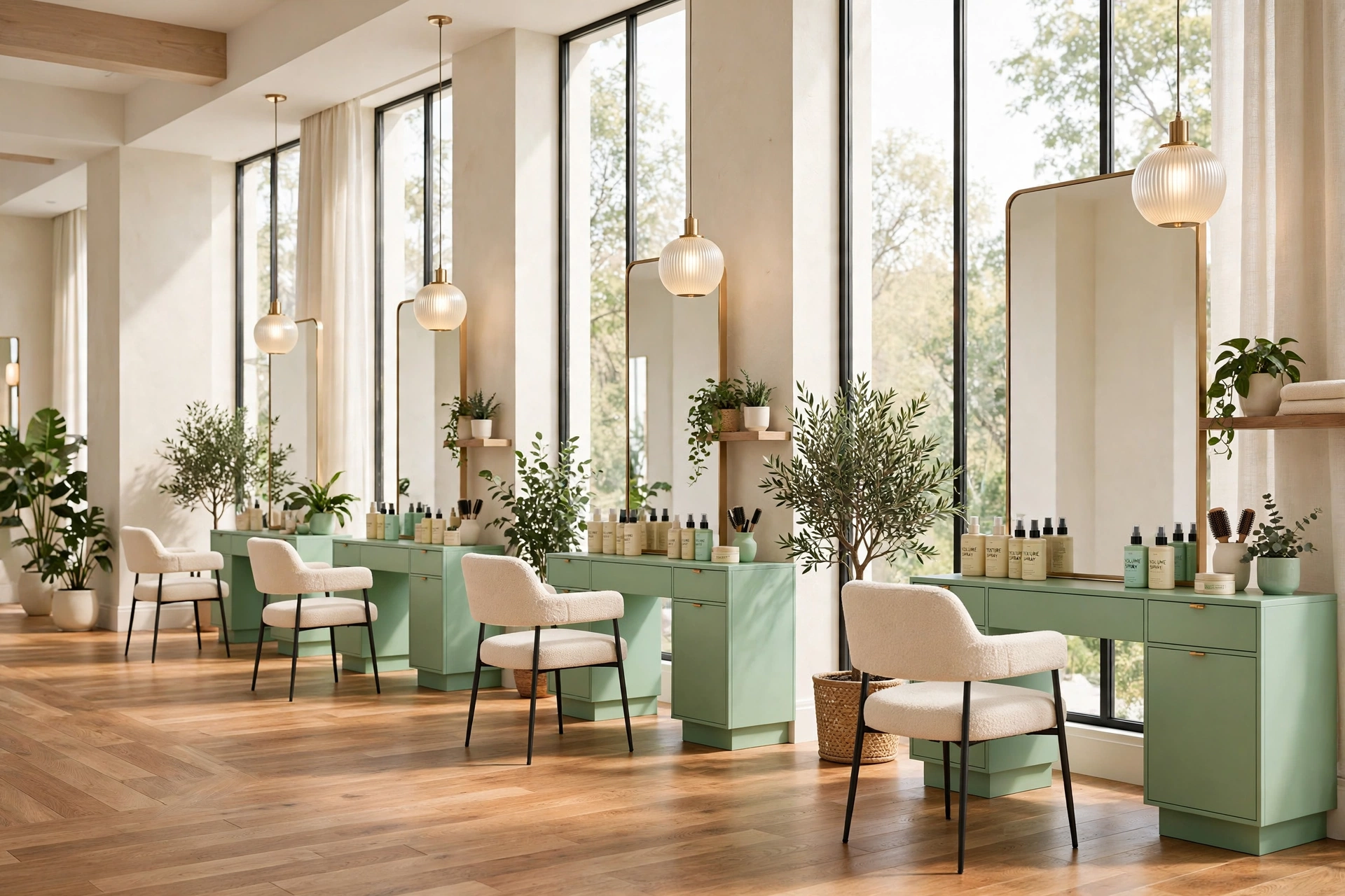 Bright modern interior of Mint Hair Studio