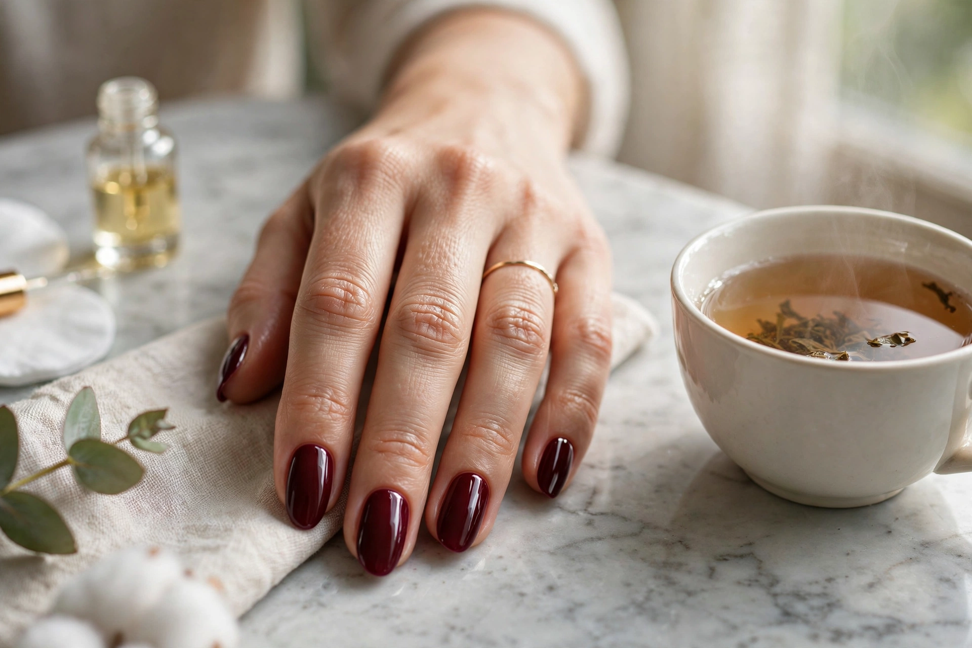 Fresh manicure with a cup of tea