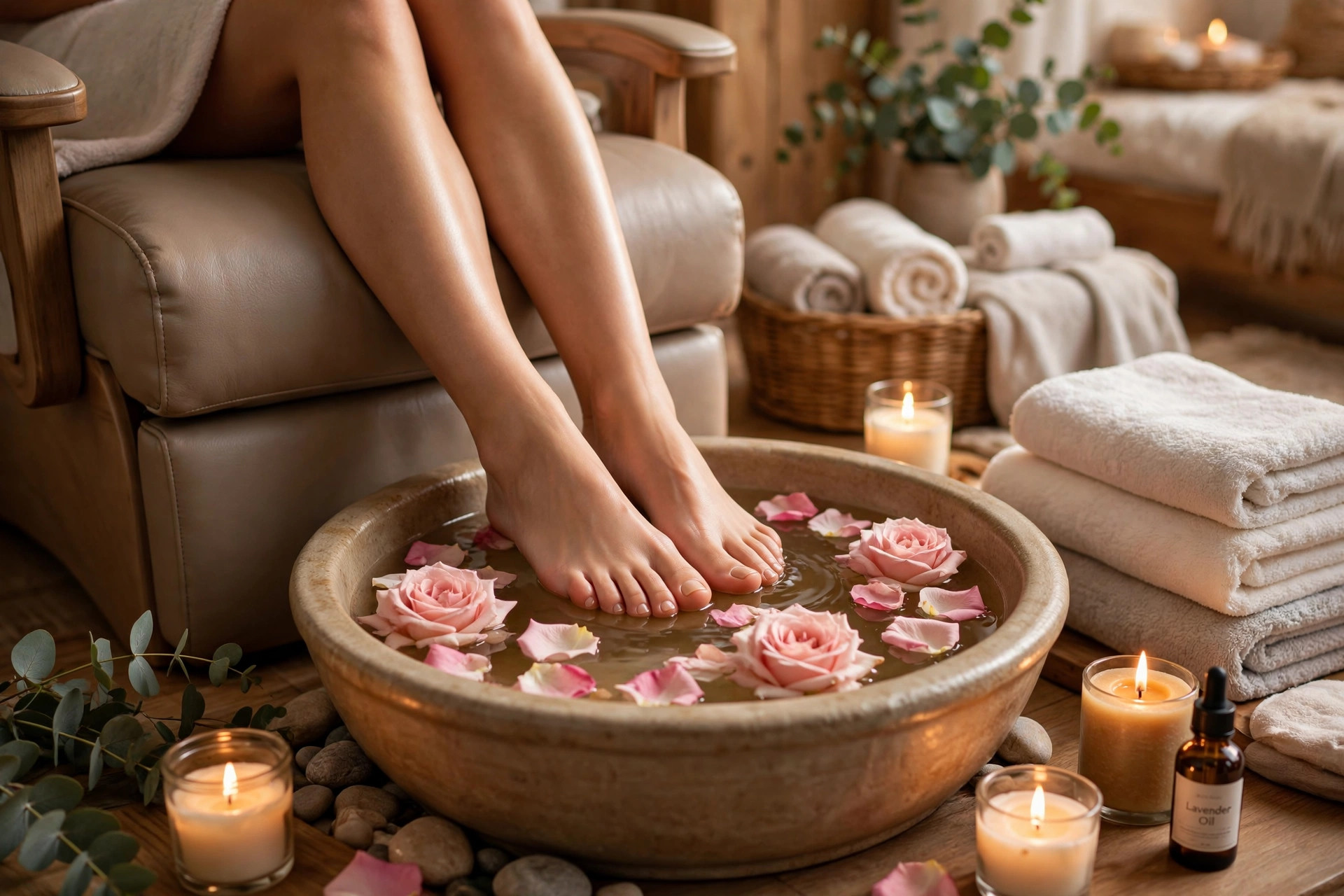 Spa pedicure with rose petals