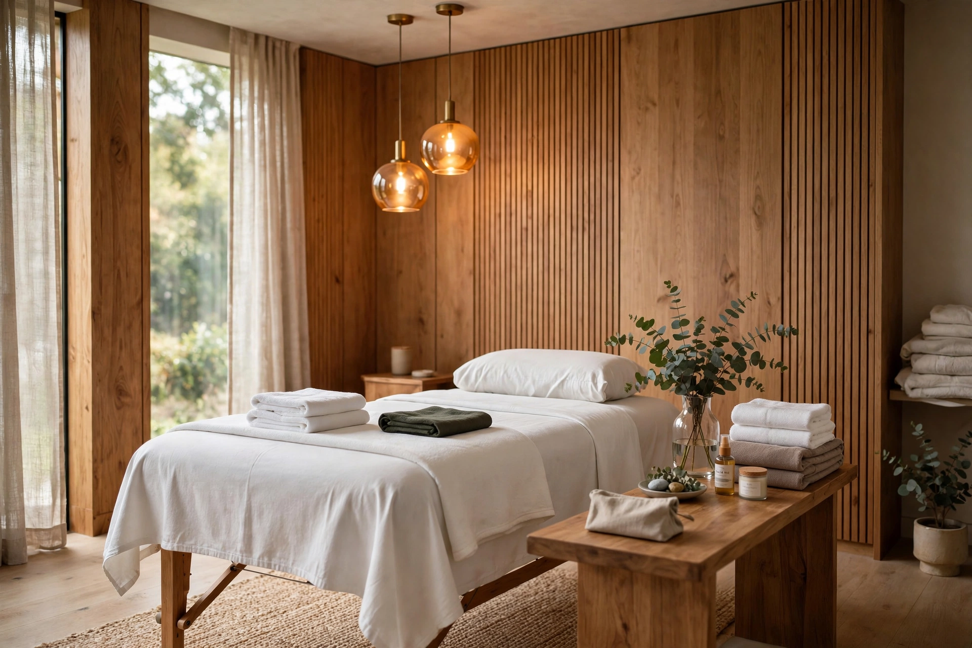 Warm, modern massage treatment room with wood paneling