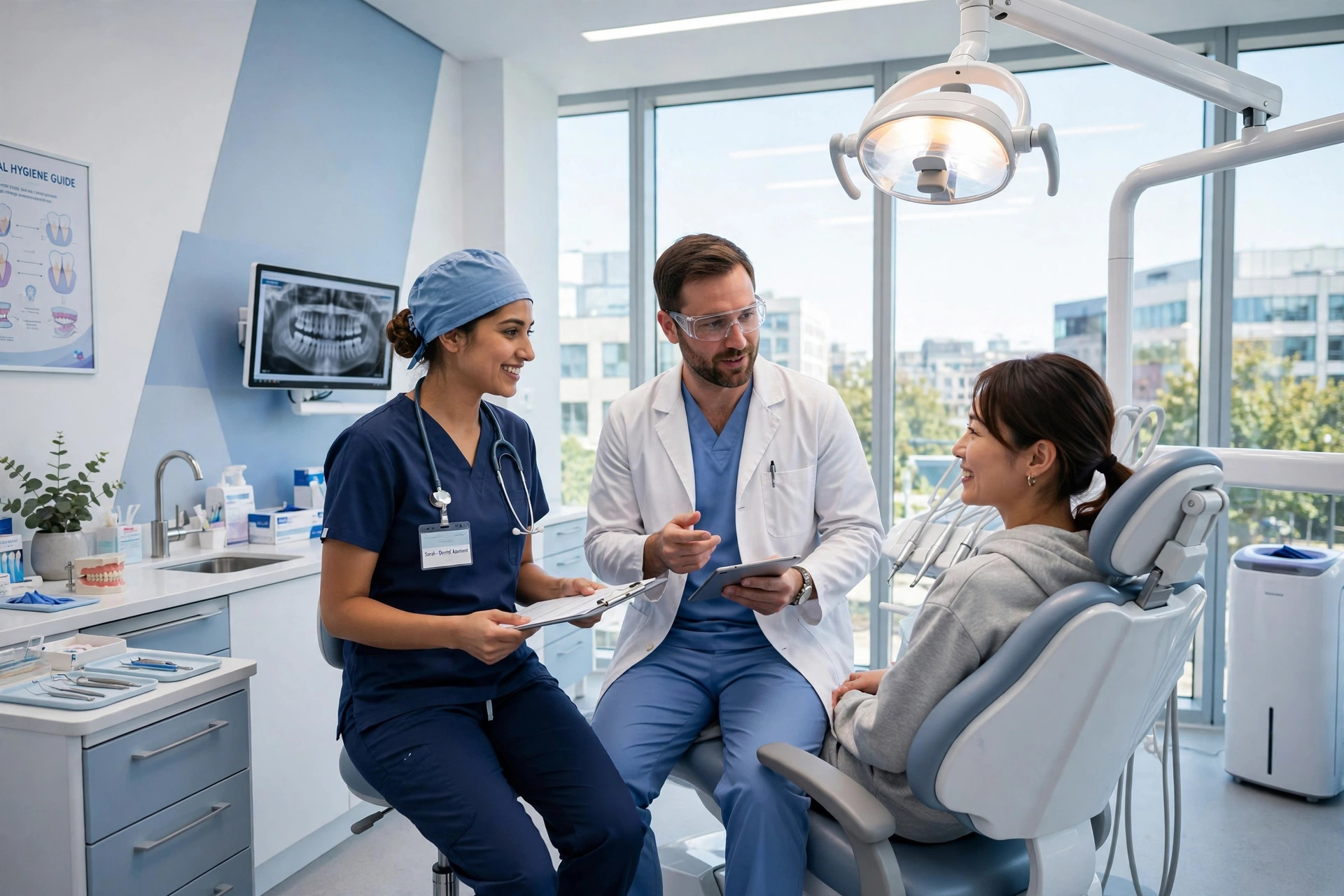 Dentist consulting with patient in a modern treatment room