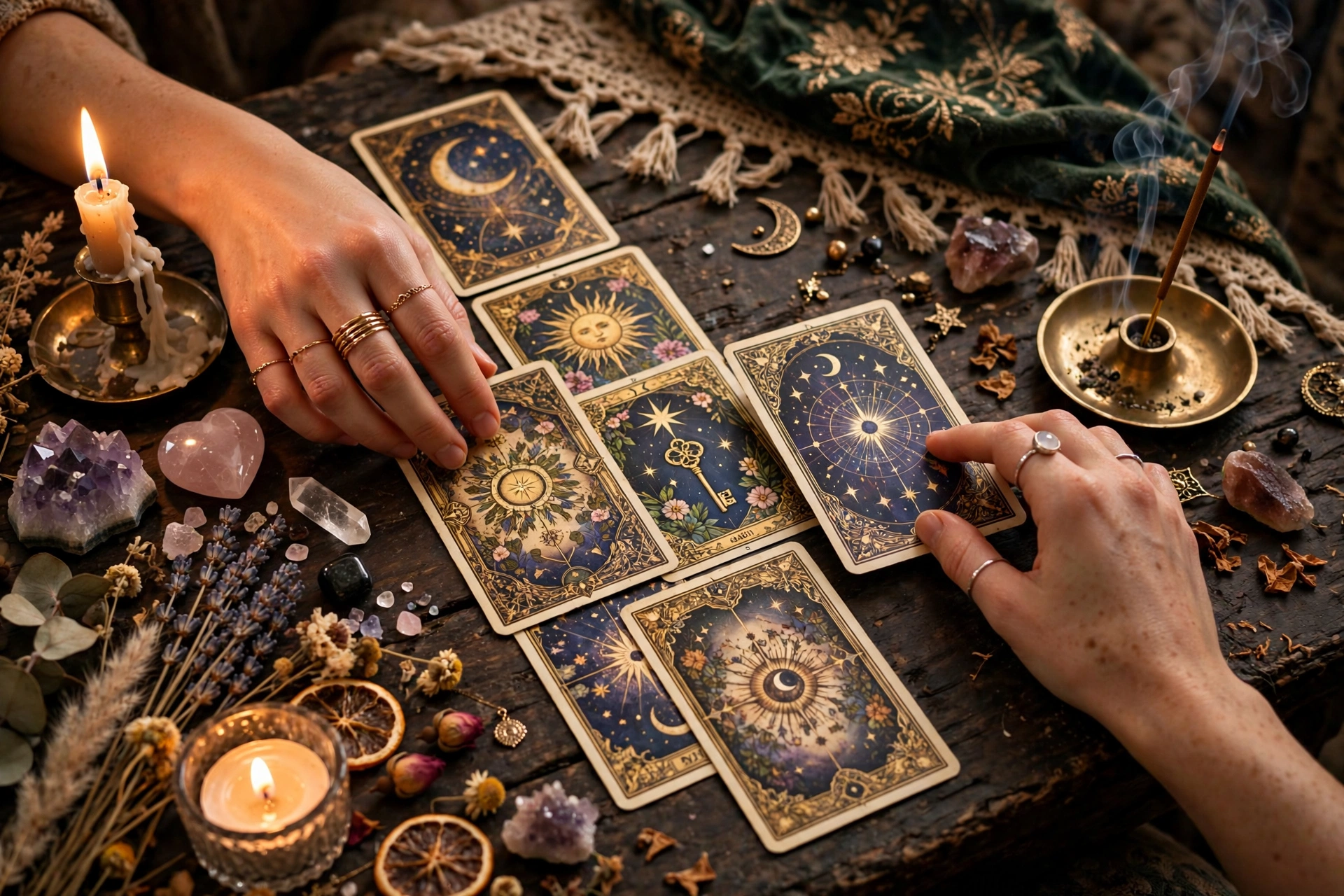Tarot cards laid out by candlelight