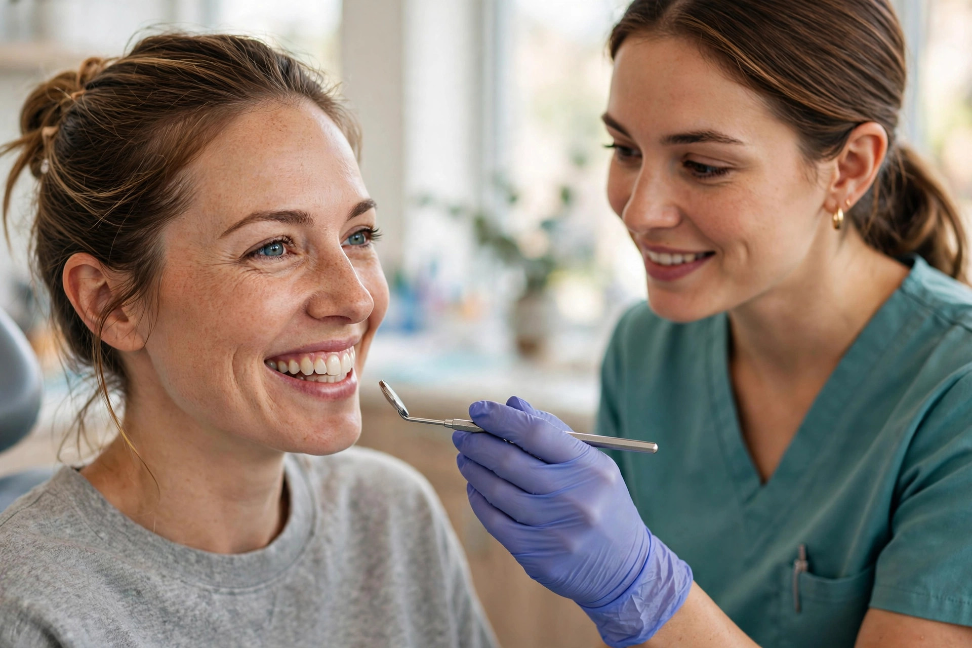 Concept illustration of a patient receiving a gentle dental checkup