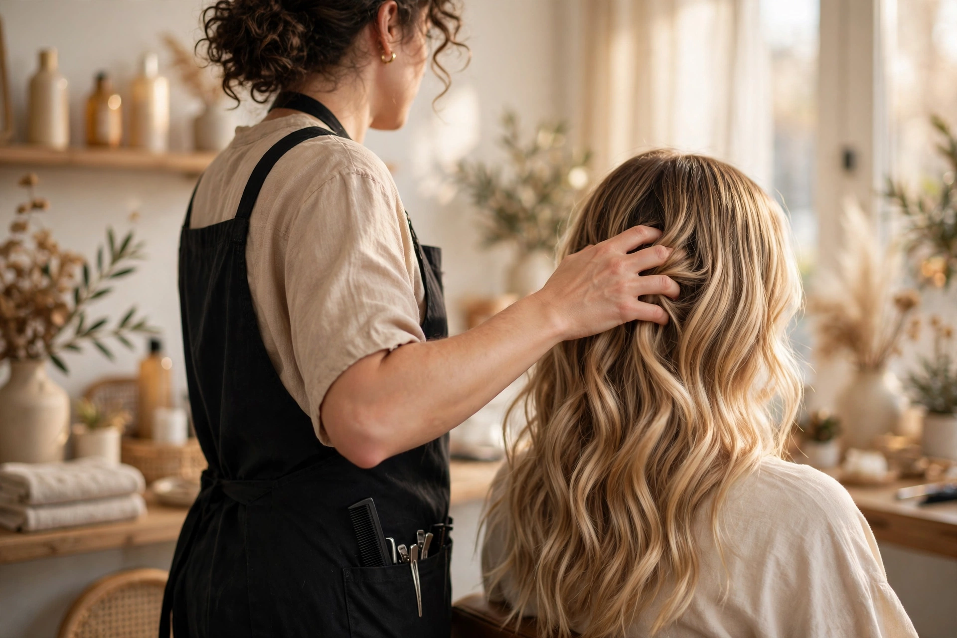 Stylist finishing a client's balayage in the studio. Concept imagery.