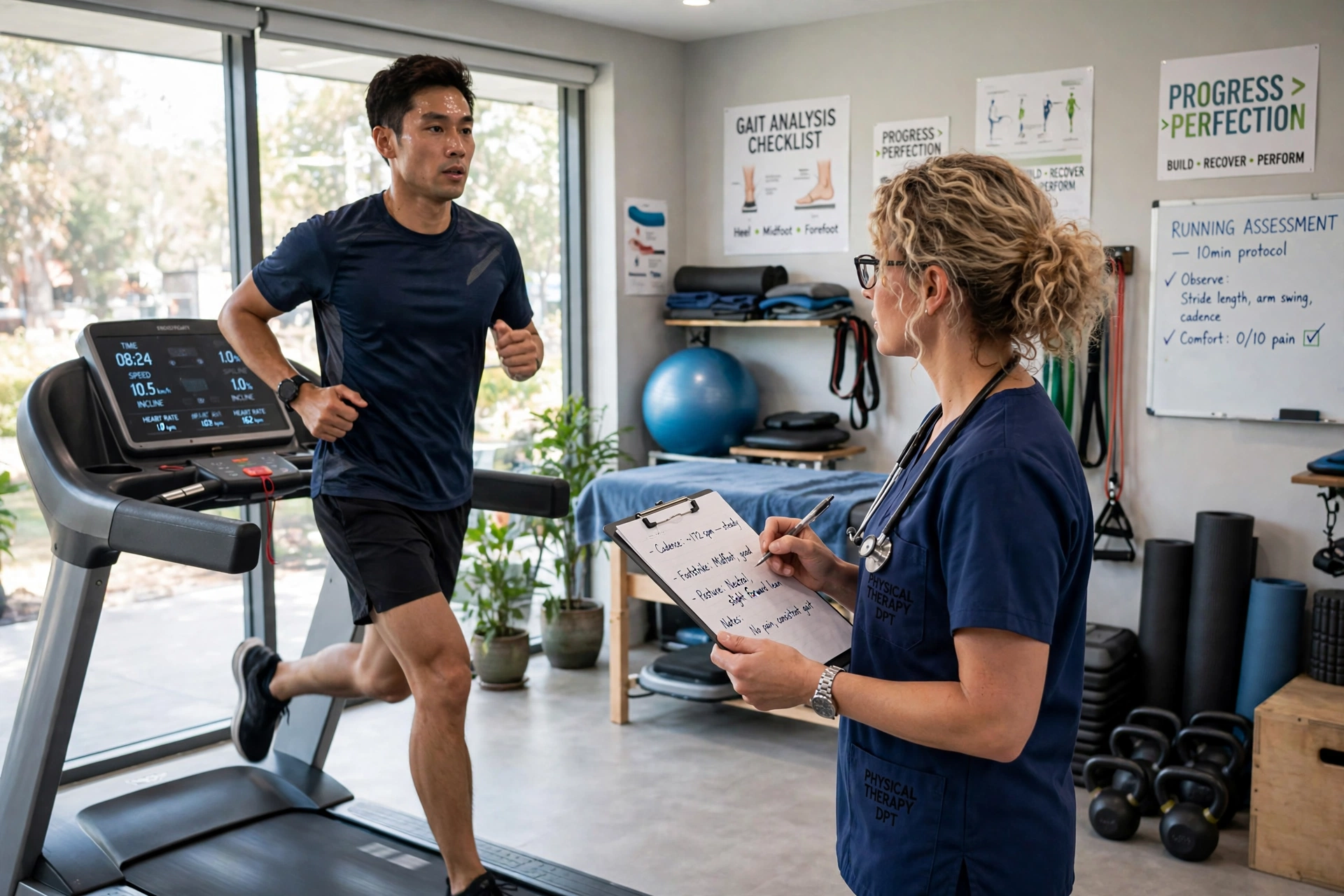 Runner being assessed on a treadmill in a clinic gym (concept imagery)