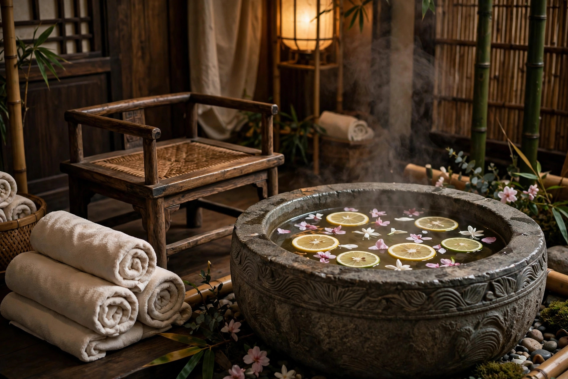Foot soak basin with flower petals in a warm spa setting